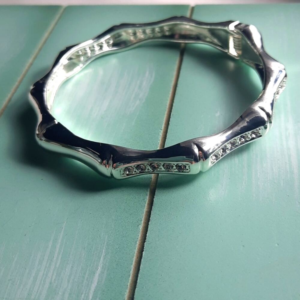 Silver & Rhinestone Hinge Bangle Bracelet